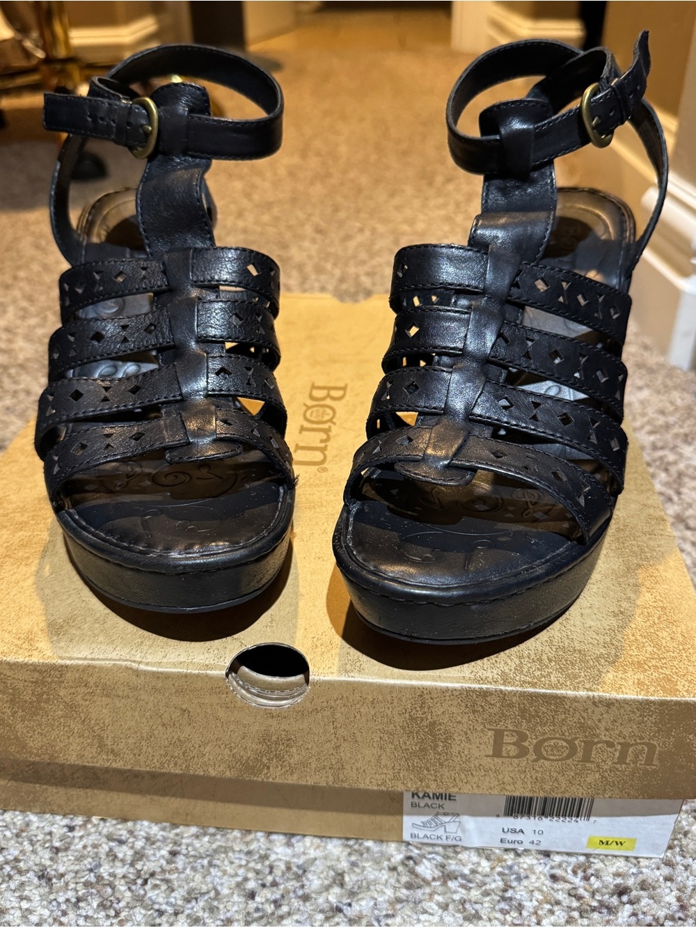 Born Black Leather Strappy Wedge Sandals with Ankle Buckle
